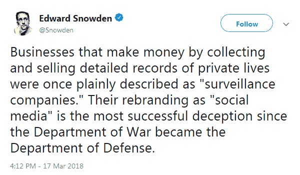 Businesses that make money by collecting and selling detailed records of private lives were once plainly described as 'surveillance companies'. Their rebranding as 'social media' ist the most successful deception since the Department of War became the Department of Defense.